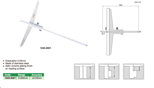 Jangka Sorong Vernier Hook Depth Gage 0-200mm Insize 1243-2001-24105