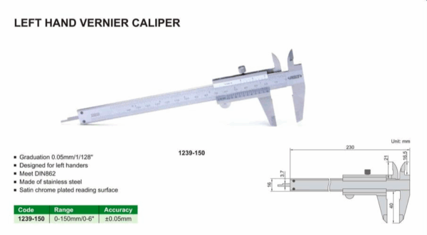 Jangka Sorong Left Hand Vernier Caliper 0-150mm/0-6" Insize 1239-150-0
