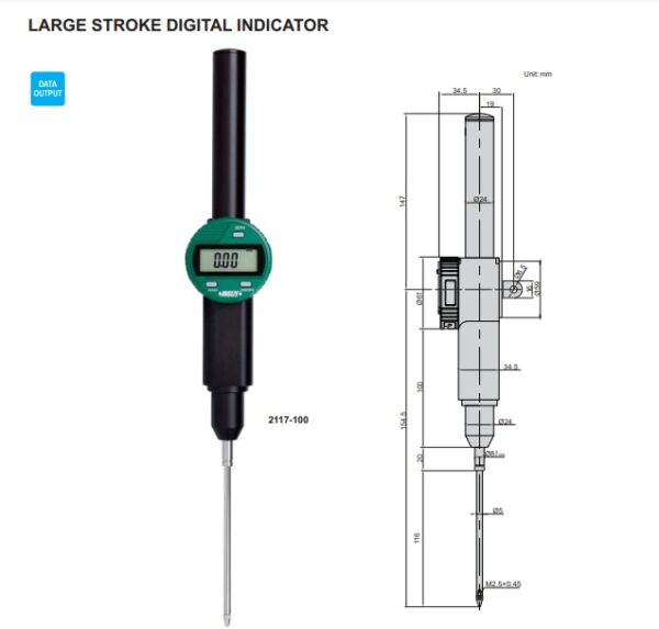 INDIKATOR LARGE STROKE DIGITAL INDICATOR, lug back 100mm/4" INSIZE 2117-100-25328
