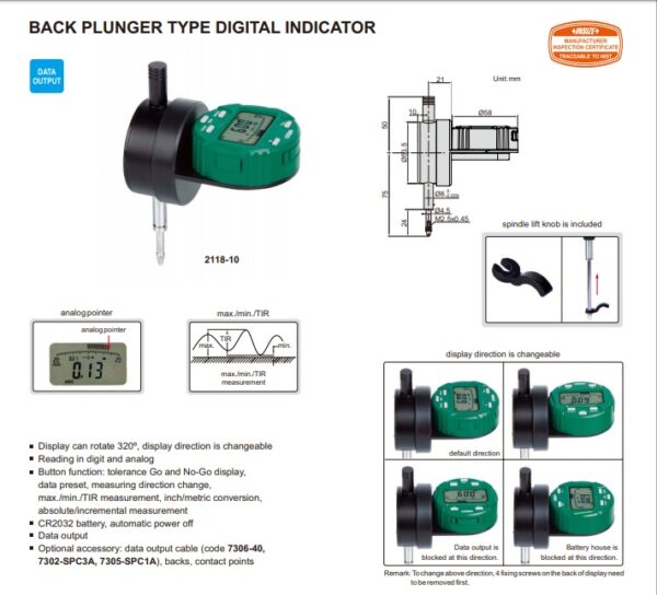 INDIKATOR BACK PLUNGER TYPE DIGITAL INDICATOR (flat back) 12.7mm/0.5" INSIZE 2118-10-25330