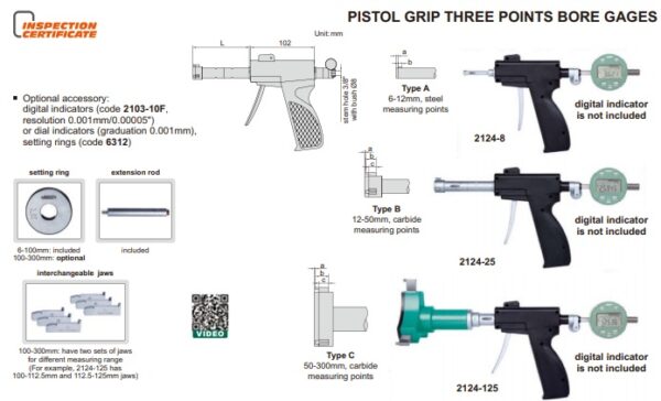 PISTOL GRIP THREE POINTS BORE GAGE (w/ setting rings, electronic indicators are not included) 50-100mm INSIZE 2124-S1004-0
