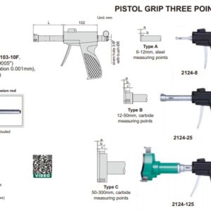 PISTOL GRIP THREE POINTS BORE GAGE (w/ setting rings, electronic indicators are not included) 20-50mm INSIZE 2124-S504-0