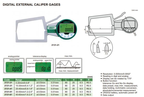JANGKA DIGITAL OUTSIDE CALIPER GAGE 10-30mm/0.4-1.2" INSIZE 2131-31-25648