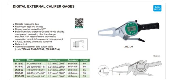 JANGKA DIGITAL EXTERNAL CALIPER GAGE (jaw length 60mm) 20-40mm/0.8-1.6" INSIZE 2132-40-25699