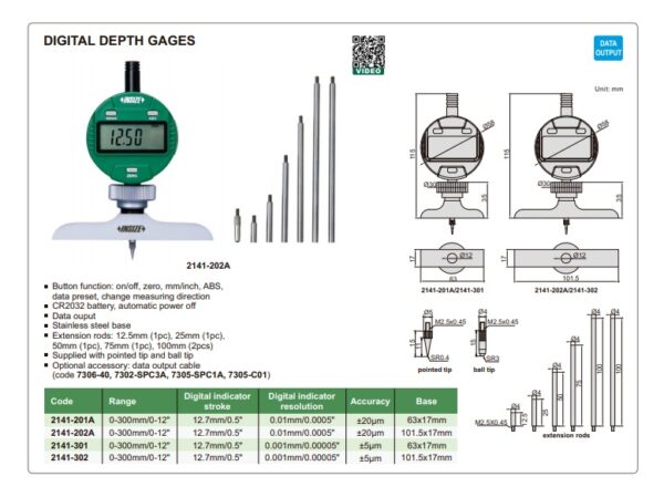 PENGUKUR KEDALAMAN DIGITAL DEPTH GAGE (base 63x17mm) 0-300mm/0-12" INSIZE 2141-301-25709