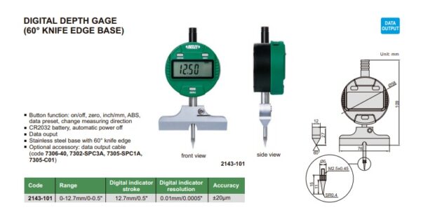 PENGUKUR KEDALAMAN DIGITAL DEPTH GAGE (60° KNIFE EDGE BASE) 0-12.7mm/0-0.5" INSIZE 2143-101-25721