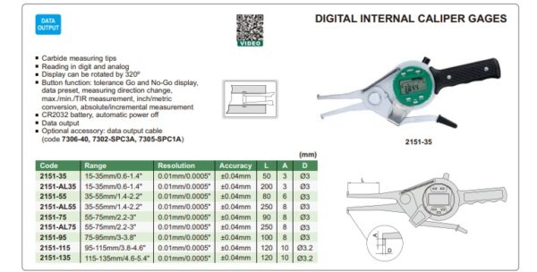 JANGKA DIGITAL INTERNAL CALIPER GAGE (jaw length 50mm) 15-35mm/0.6-1.4" INSIZE 2151-35-25727