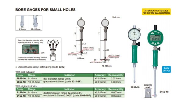 ALAT UKUR DIGITAL BORE GAGE FOR SMALL HOLES (setting ring is not included) 10-18.5mm INSIZE 2152-18-25762