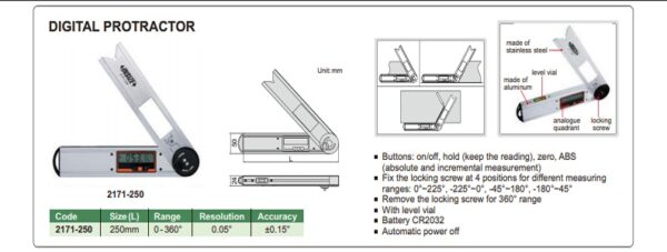 BUSUR DERAJAT DIGITAL PROTRACTOR 0 - 360° INSIZE 2171-250-25784