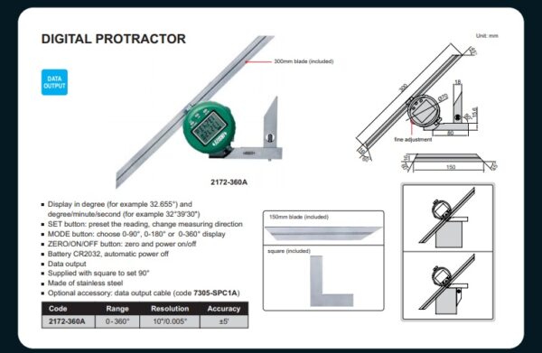 BUSUR DERAJAT DIGITAL PROTRACTOR 0-360° INSIZE 2172-360A-25789
