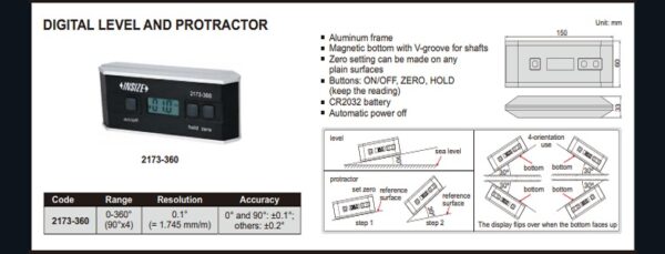 BUSUR DERAJAT DIGITAL LEVEL AND PROTRACTOR 0-360°(90°x4) INSIZE 2173-360-25791