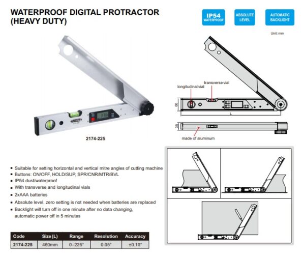 BUSUR DERAJAT WATERPROOF DIGITAL PROTRACTOR (HEAVY DUTY) 0 - 225° INSIZE 2174-225-25793