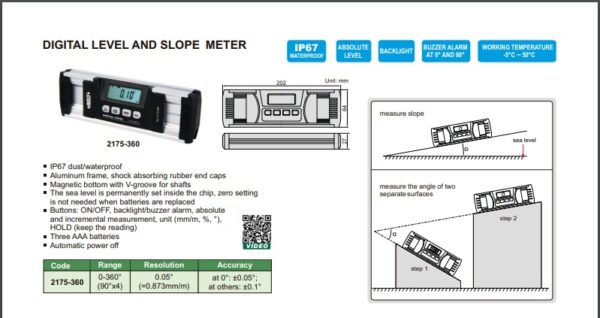 BUSUR DERAJAT DIGITAL LEVEL AND PROTRACTOR 0-360°(90°x4) INSIZE 2175-360-25795