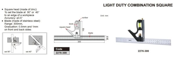 Penggaris Light Duty Combination Square 300mm Insize 2276-300-24488