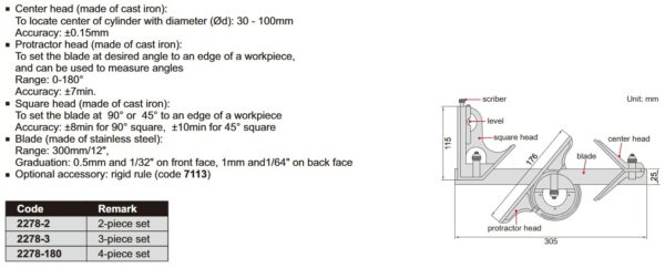 Penggaris Combination Square Set 0.5mm, 1/32" and 1mm, 1/64" Insize 2278-2-24494