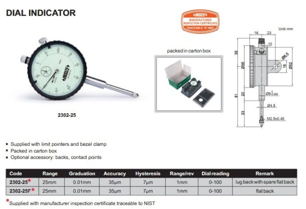 Dial Indicator flat back 25mm, 0.01mm Insize 2302-25F-24507