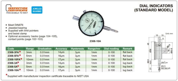 Dial Indicator (Lug Back) 3mm Insize 2308-3A-24526