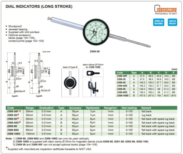 Dial Indicator (flat back with spare lug back) 80mm Insize 2309-80-24560