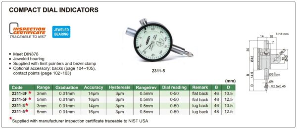Compact Dial Indicator (Flat Back) 3mm Insize 2311-3F-24574