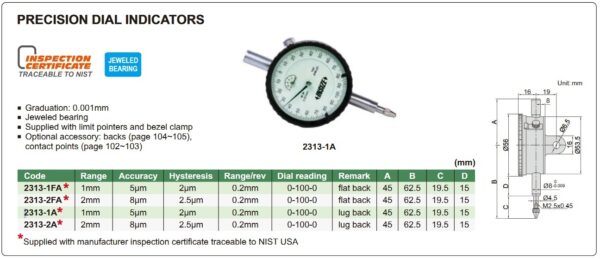 Precision Dial Indicator (Flat Back) 1mm Insize 2313-1FA-24629