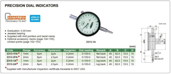 Precision Dial Indicator (Lug Back) 2mm Insize 2313-2A-24653