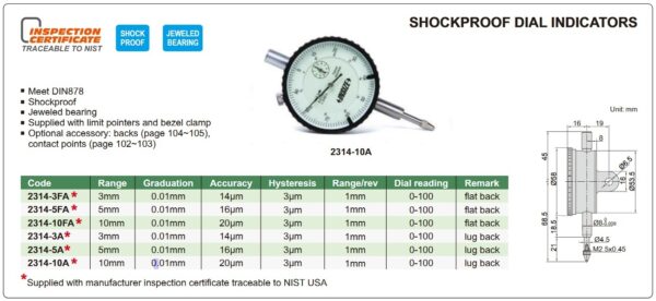 Shockproof Dial Indicator (Flat Back) 10mm Insize 2314-10FA-24751