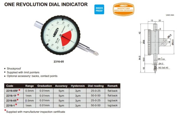 One Revolution Dial Indicator (Lug Back) 0.5mm Insize 2316-05-24832