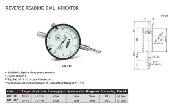 Reverse Reading Dial Indicator (Flat Back) 10mm Insize 2801-10F-24735