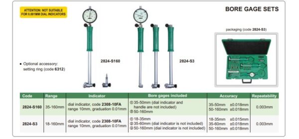 Bore Gage Set (3pcs, Setting Ring Is Not Included) 18-160mm Insize 2824-S3-24740
