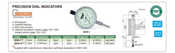 Precision Dial Indicator (Flat Back) 1mm Insize 2830-1F-24762