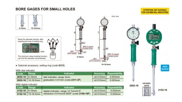 Bore Gage For Small Holes (Setting Ring Is Not Included) 10-18.5mm Insize 2852-18-24789