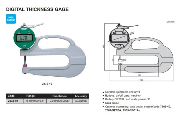 Digital Thickness Gage 0-10mm/0-0.4" Insize 2872-10-24839