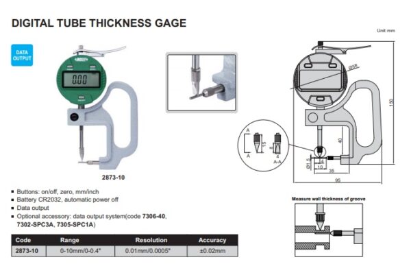 Digital Tube Thickness Gage 0-10mm/0-0.4" Insize 2873-10-24844