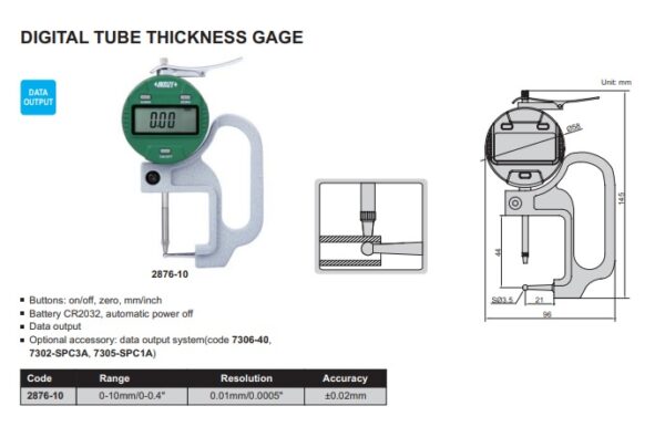Digital Tube Thickness Gage 0-10mm/0-0.4" Insize 2876-10-24853