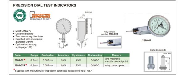 Precision Dial Test Indicator 0.2mm Insize 2880-02-24855