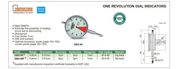 One Revolution Dial Indicator (Flat Back) 0.8mm Insize 2882-08F-24863