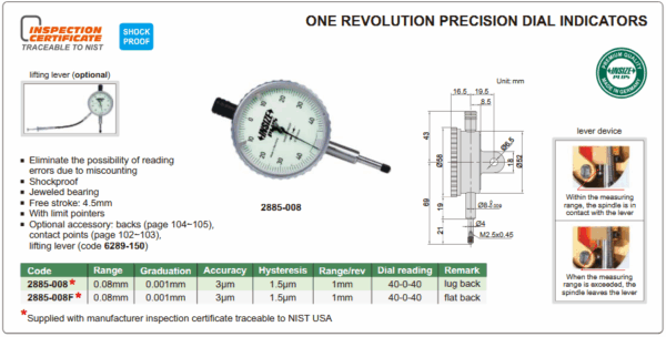 One Revolution Precision Dial Indicator (Lug Back) 0.08mm Insize 2885-008-24865