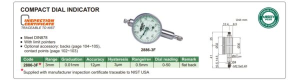 Compact Dial Indicator (Flat Back) 3mm Insize 2886-3F-24871
