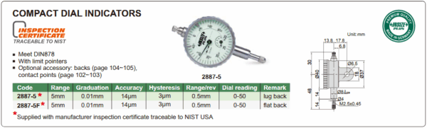 Compact Dial Indicator (Flat Back) 5mm Insize 2887-5F-24875
