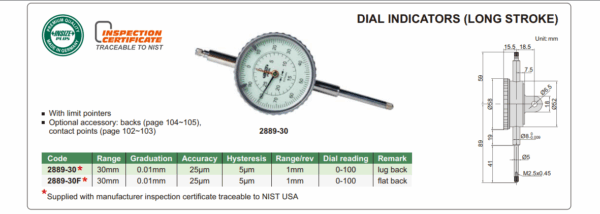 Dial Indicator, Lug Back 30mm Insize 2889-30-24879