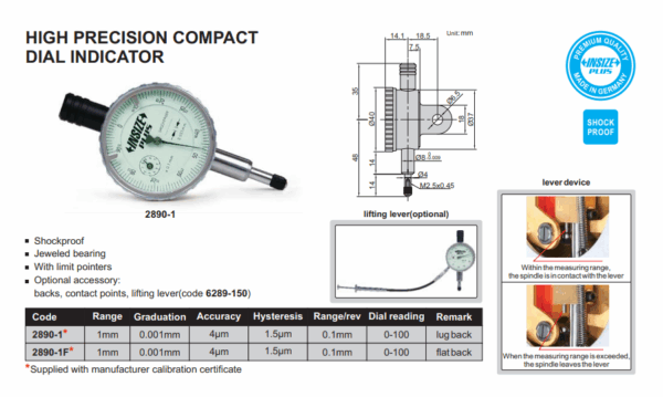 High Precision Compact Dial Indicator (Flat Back) 1mm Insize 2890-1F-24938