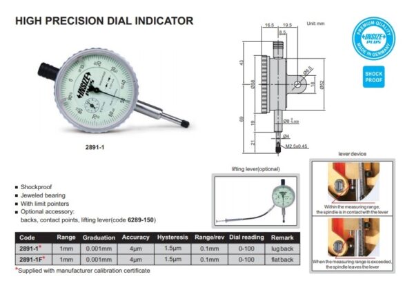 High Precision Dial Indicator (Flat Back) 1mm Insize 2891-1F-24945