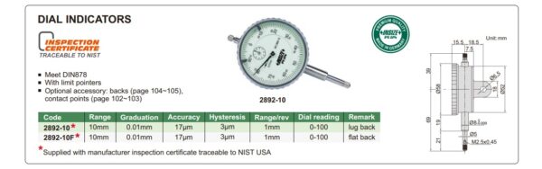 Dial Indicator (Lug Back) 10mm Insize 2892-10-24947