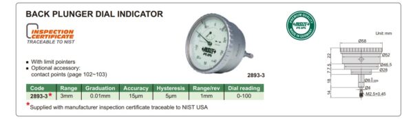 Back Plunger Dial Indicator 3mm Insize 2893-3-24951