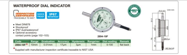 Waterproof Dial Indicator (Flat Back) 10mm Insize 2894-10F-24953