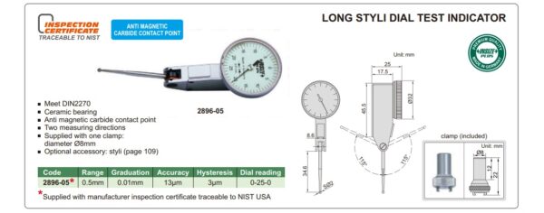 Long Styli Dial Test Indicator 0.5mm Insize 2896-05-24957