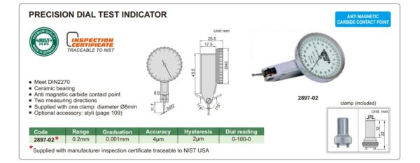Precision Dial Test Indicator 0.2mm Insize 2897-02-24959