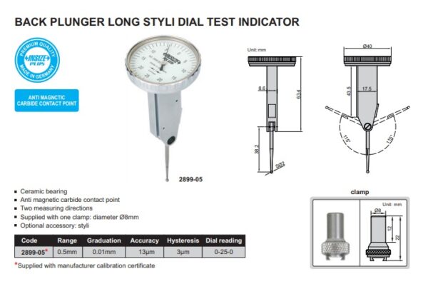Back Plunger Long Styli Dial Test Indicator 0.5mm Insize 2899-05-24963