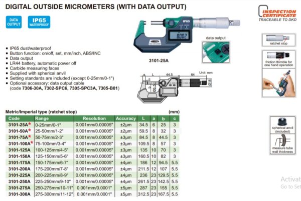 Digital Outside Micrometer (IP65) 0-25mm/0-1" Insize 3101-25A-24980