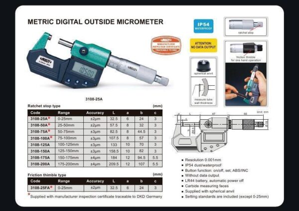 Digital Outside Micrometer (Without Data Output, Friction Thimble) 0-25mm/0-1" Insize 3108-25FA-25038